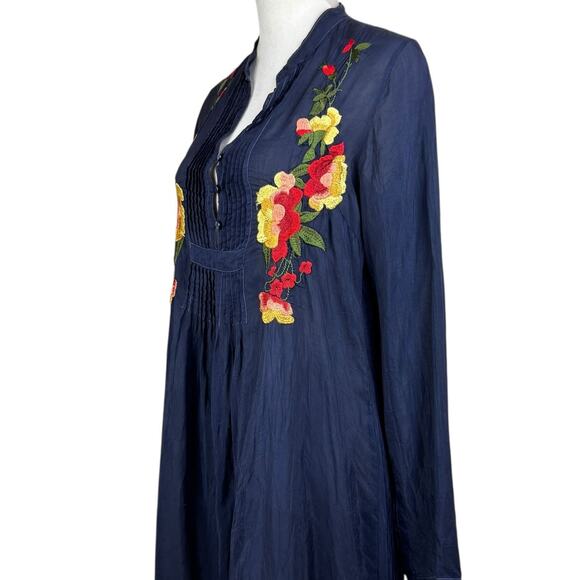 Johnny Was Dark Navy Rayon Embroidered Flower Long Sleeve Tunic Dress *AS IS* - Picture 6 of 12